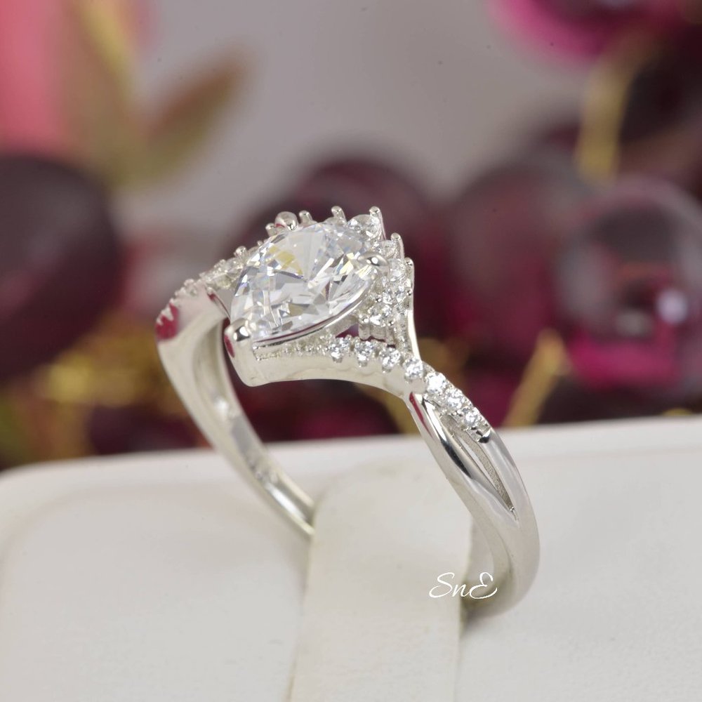 New Lab Diamond Halo Pear Engagement Ring - Picture 4 of 11